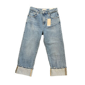 MNG Mango Jeans Women 4 Denim Straight Mid Waist Regular Fit Cropped Cuffed Hem